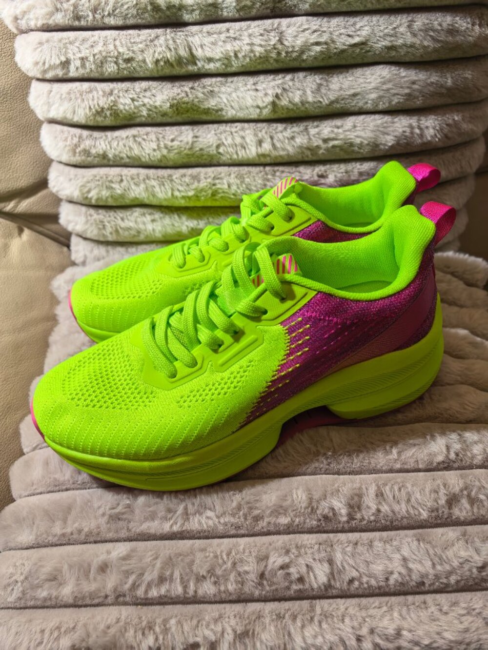 Neon Green and Pink Knit Sneakers